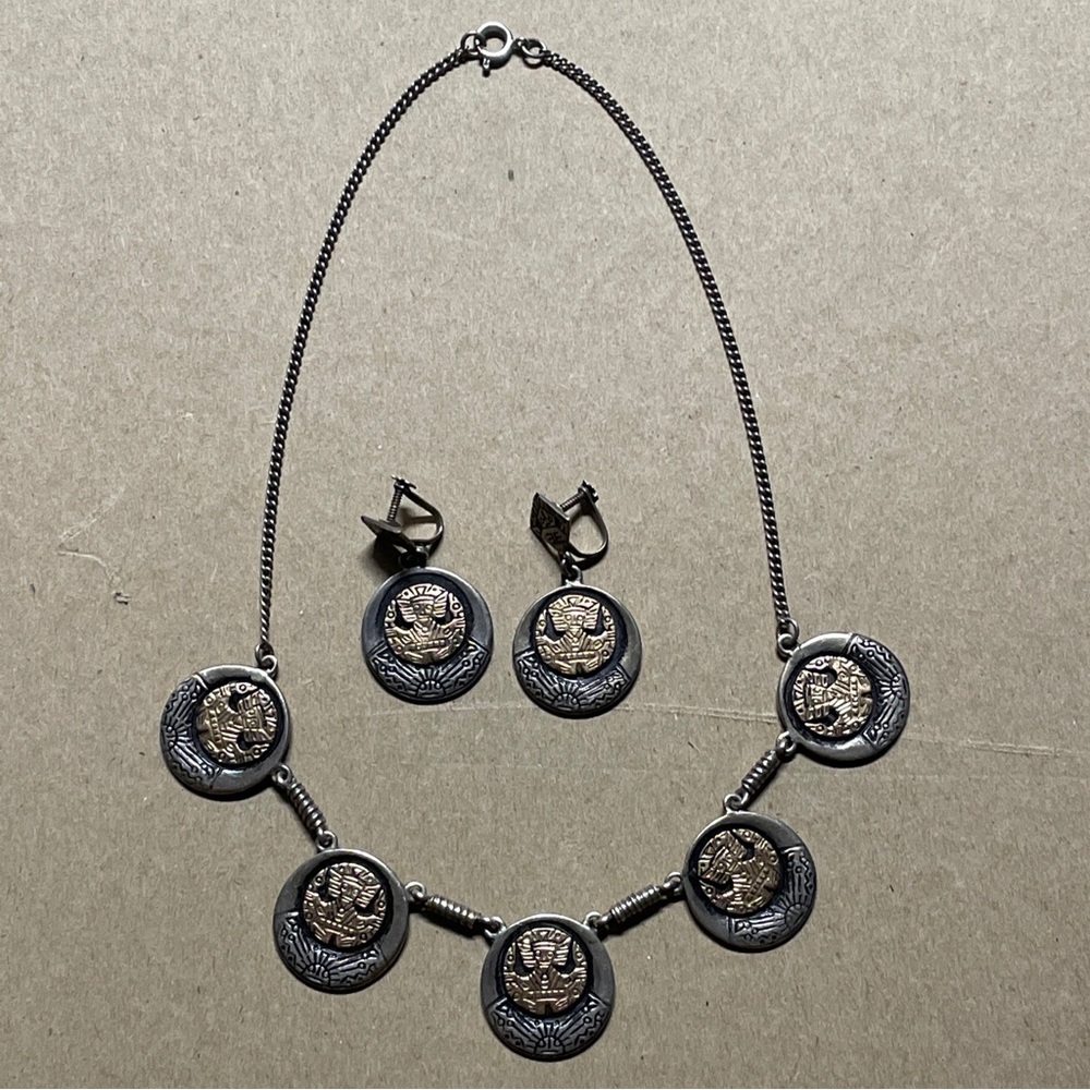 Sterling Silver 925 And 18k Gold Necklace And Earring Set Vintage Made In Peru